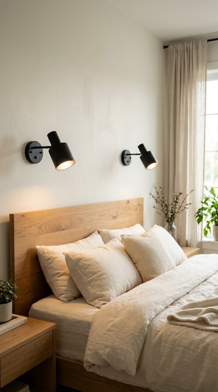 013 Bedroom Headboard Sconce A bedroom wall with a pai