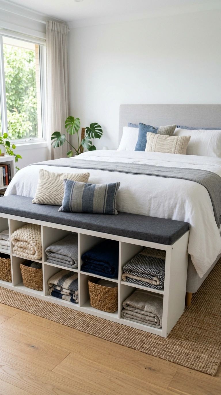 18 Genius IKEA KALLAX Bedroom Ideas That Transform Your Space 14 013 Bench at Bed Foot A Kallax unit placed sideways ac