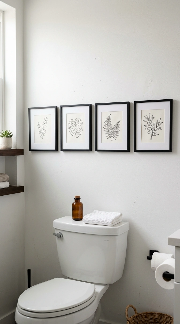 21 Bathroom Wall Decor Ideas for Black, Red & Chrome Themes + Smart Shower Storage 14 013 Black Framed Art Set A row of four small black fra