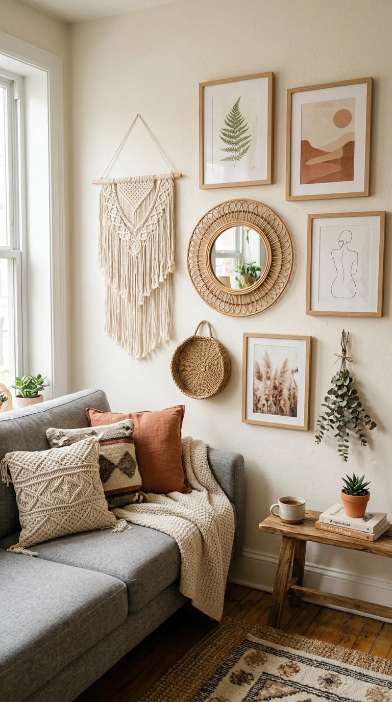 013 Boho Gallery Wall A wall beside a grey fabric couc