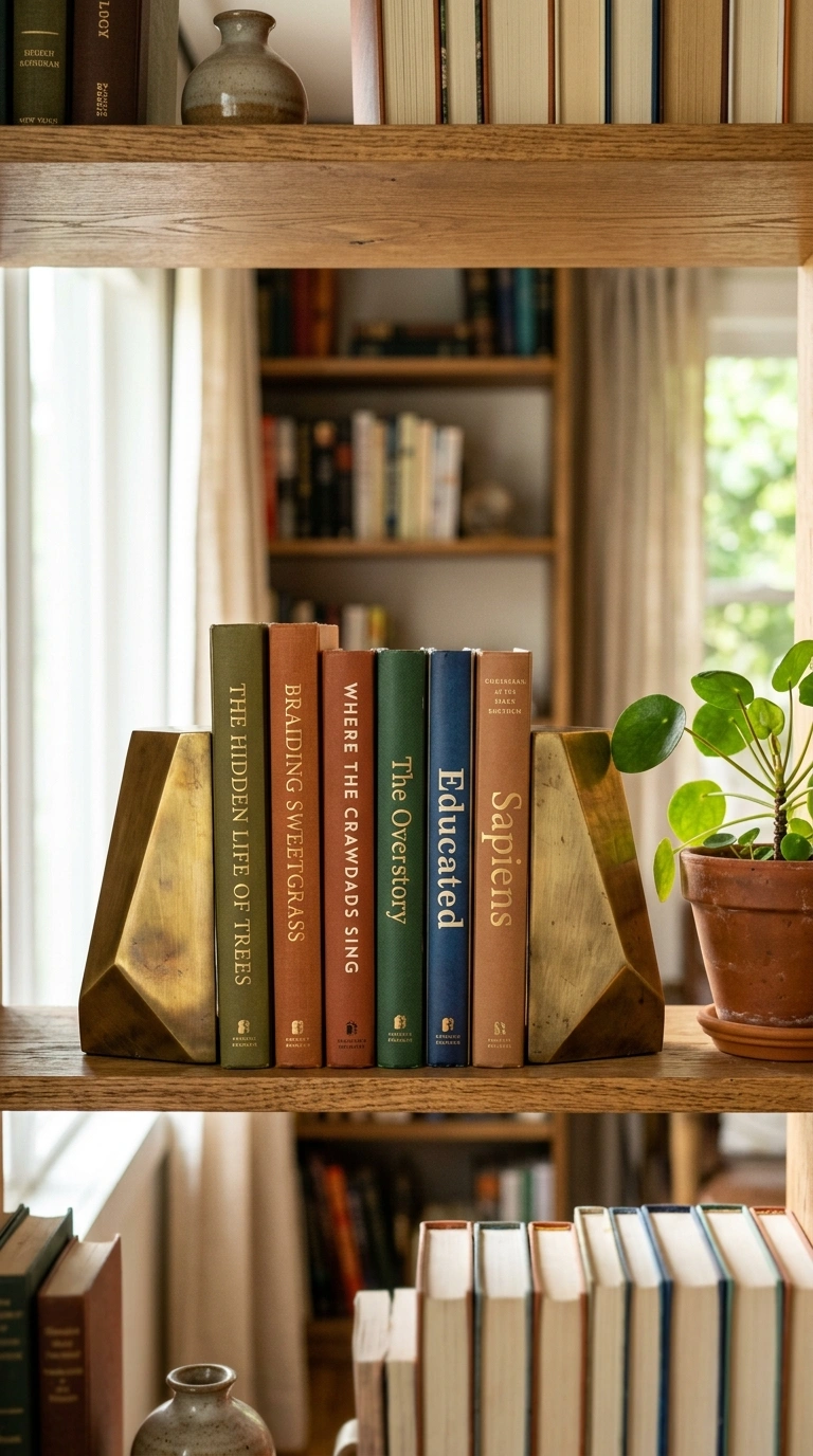 19 Trendy Fall Shelf Decor Ideas for Any Room 14 013 Brass Bookends Duo A bookshelf styled with brass g