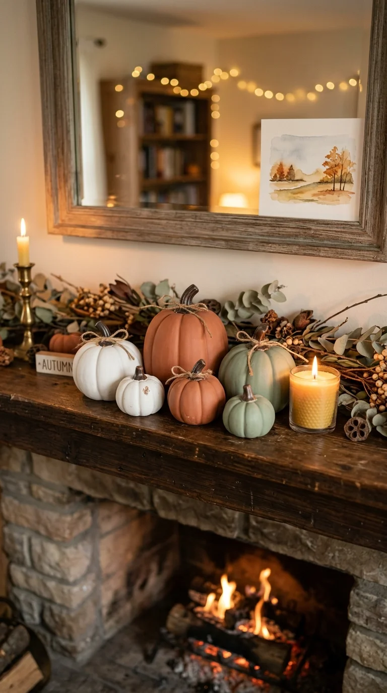 013 Ceramic Pumpkin Family A fireplace mantel with a c