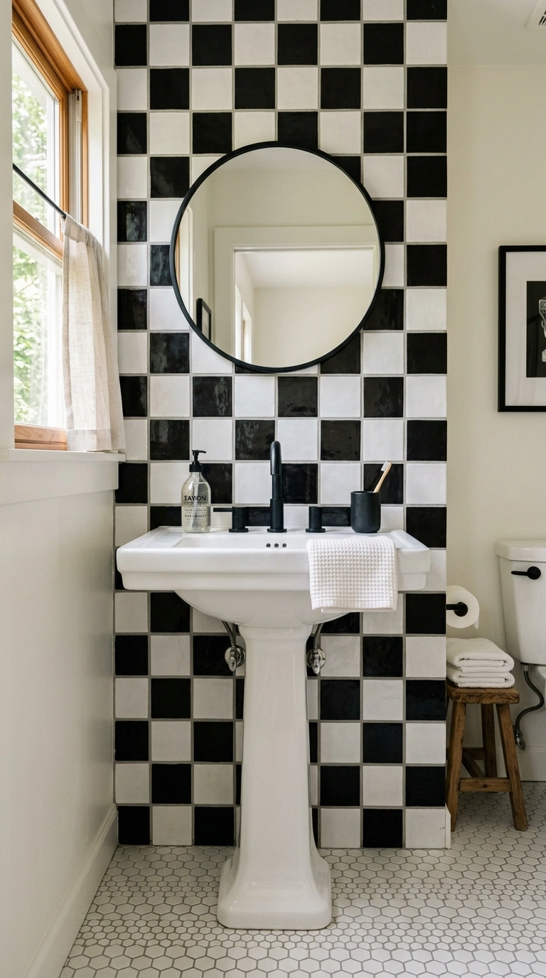 013 Checkerboard Tile Wall A small bathroom with a bla