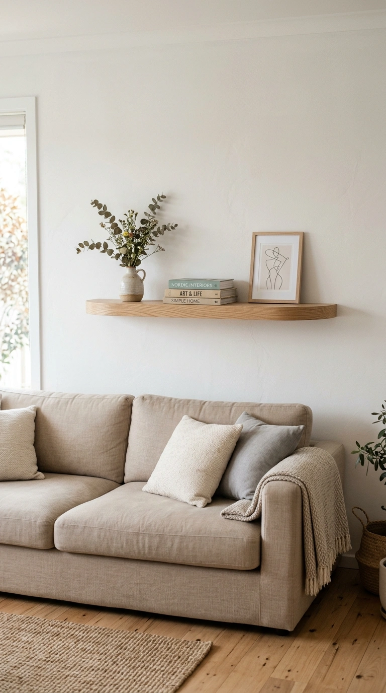 013 Curved Wall Shelf A living room with a neutral sof