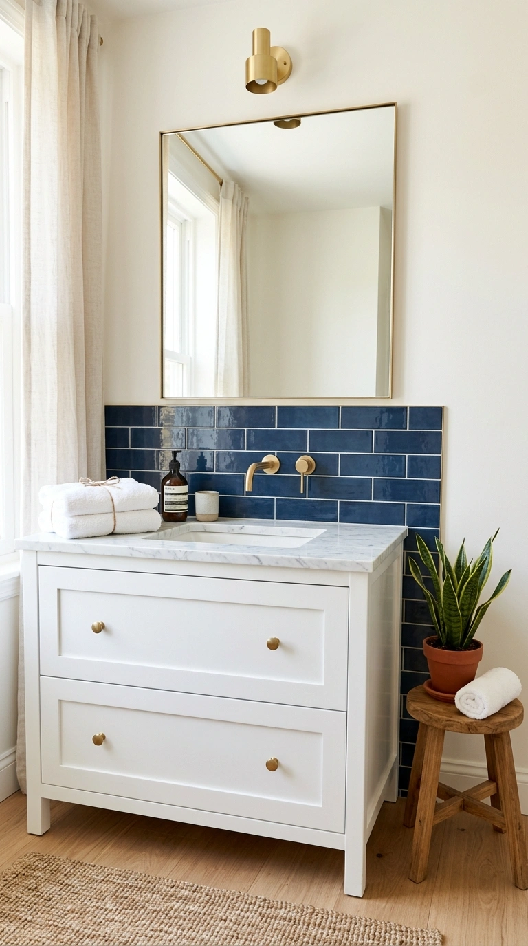 24 Bathroom Backsplash Ideas For Every Budget And Style 14 013 Deep Blue Tile A white vanity with glossy navy blu