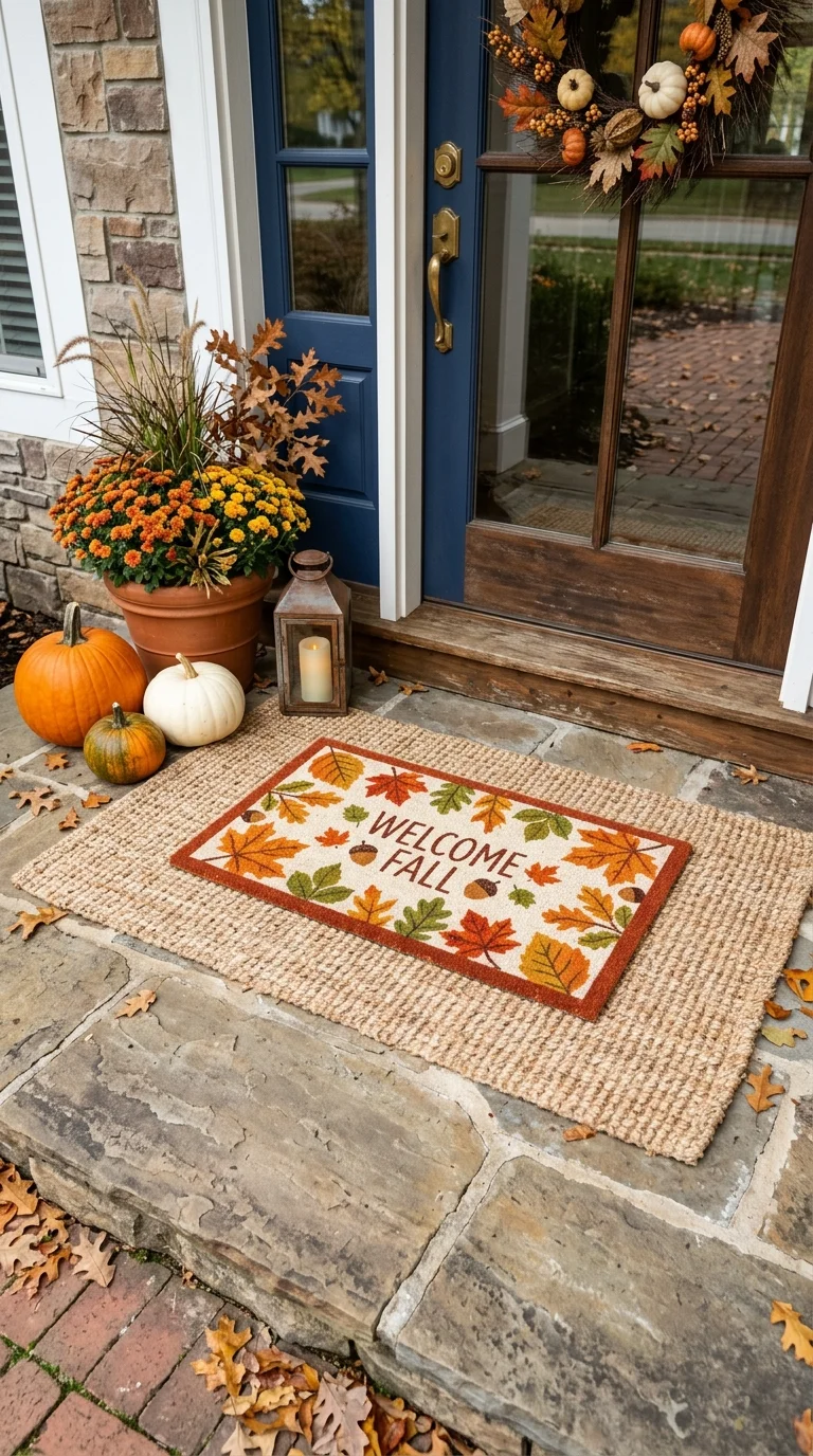 013 Fall Doormat Layering A front doorstep with a larg