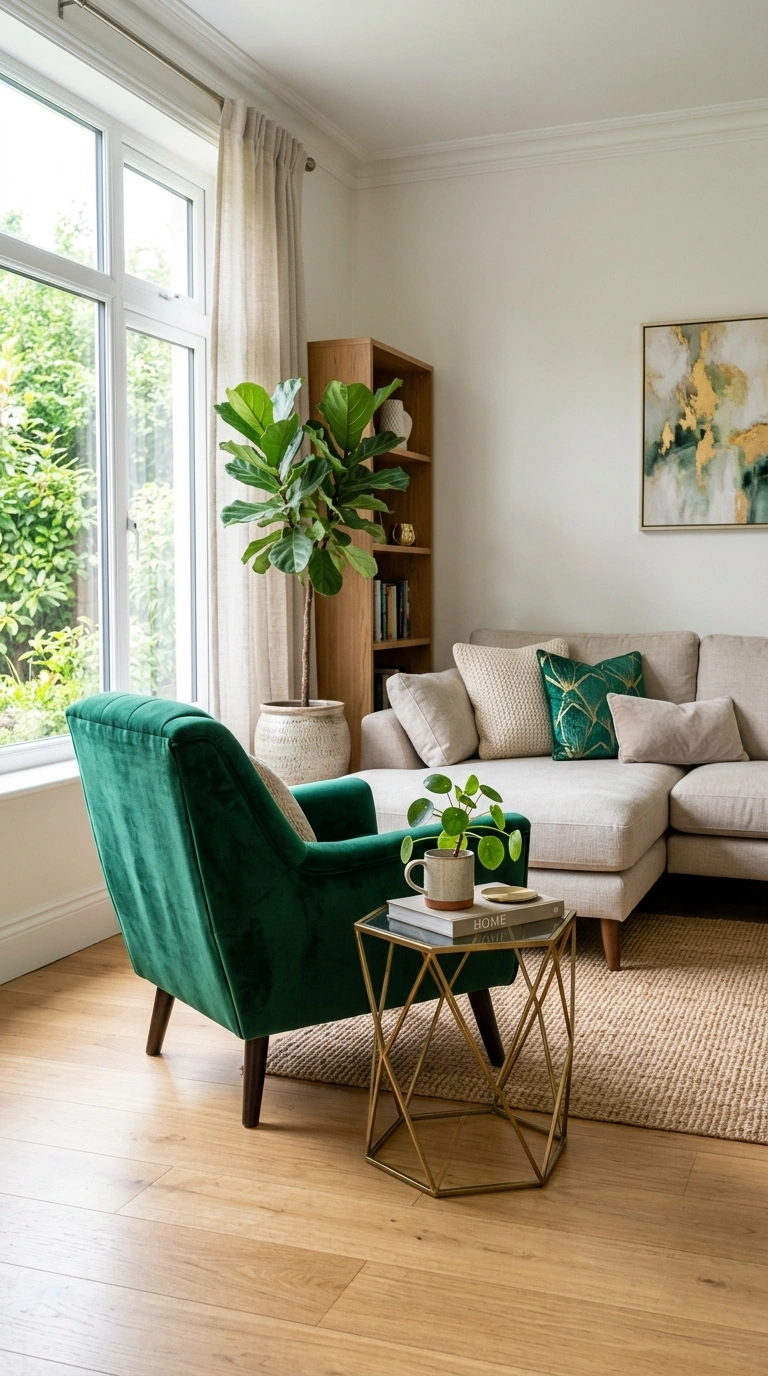 15 Stylish Living Room Trends for 2026 to Inspire Your Next Makeover 14 013 Green Velvet Accents A living room with an emerald