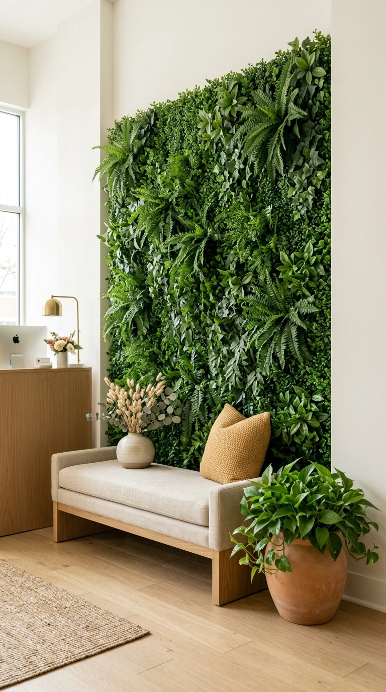 22 Stunning Beauty Salon Interior Design Ideas on a Budget 14 013 Greenery Wall Display A salon reception wall cover