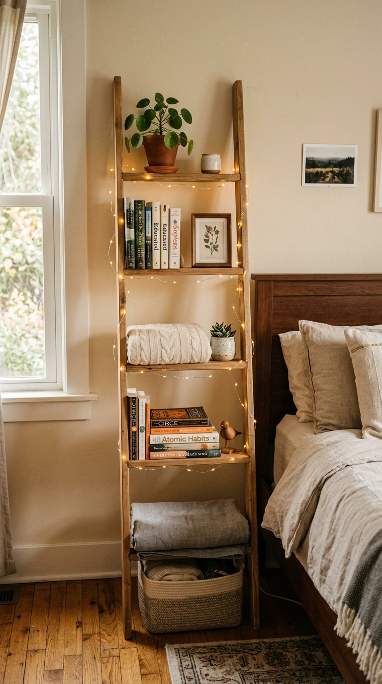 21 Smart Bedroom Divider Ideas for Stylish Studio Apartments 14 013 Ladder Shelf Divider A slim wood ladder shelf lean