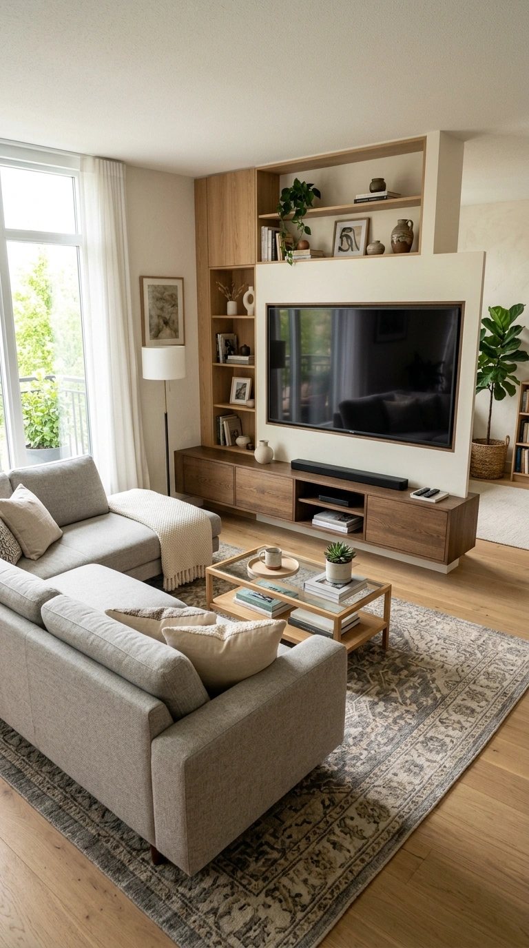 013 Media Wall Facing A living room with an L shaped s 1