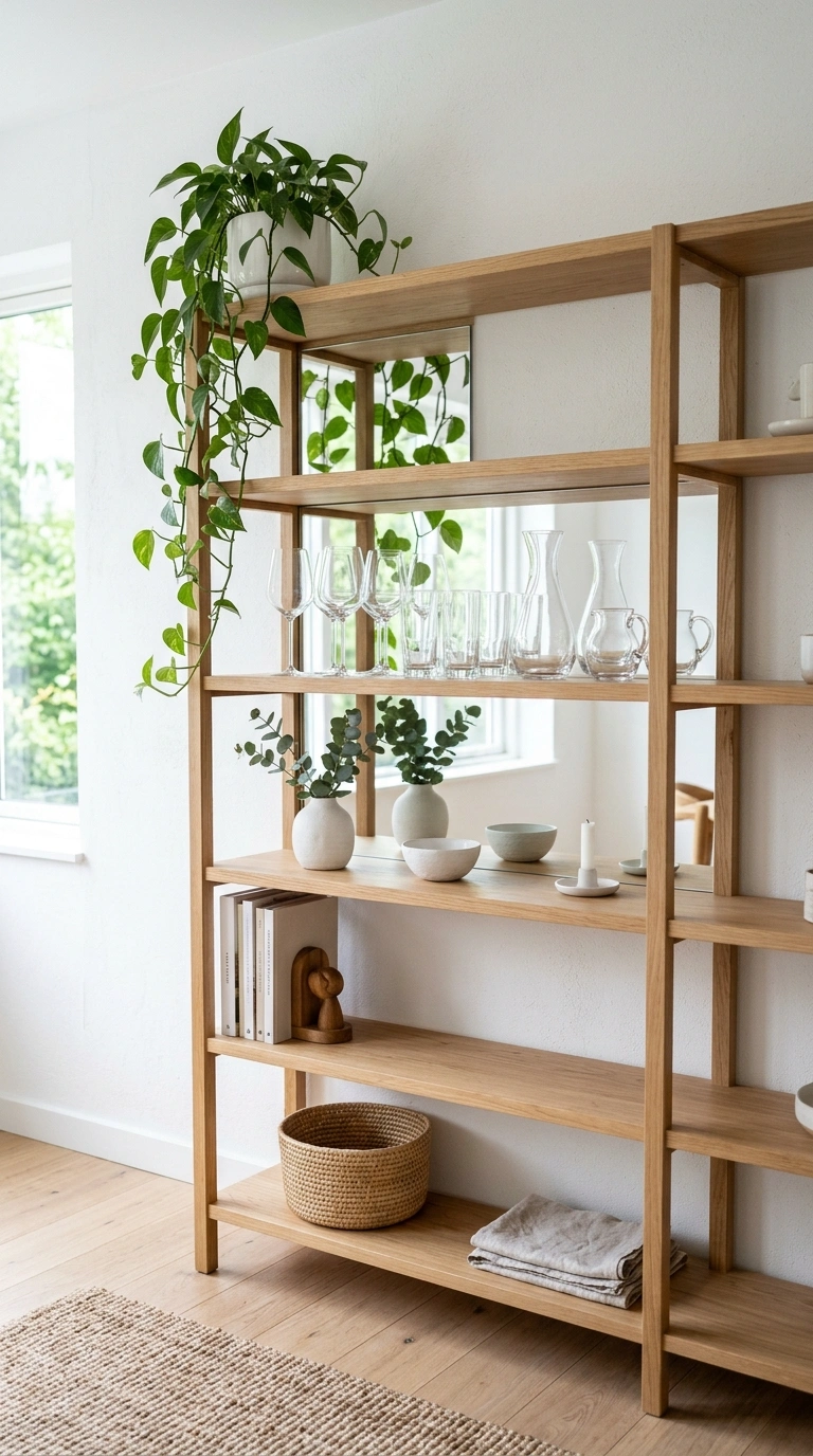 013 Mirror Behind Open Shelving A light oak open shelv