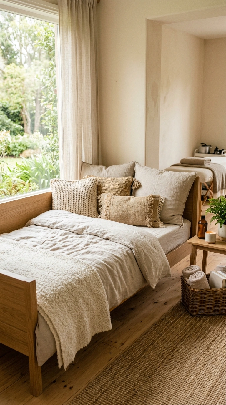 24 Dreamy Massage Room Ideas for Your Own Home Spa 14 013 Neutral Linen Bedding A daybed dressed in soft oat