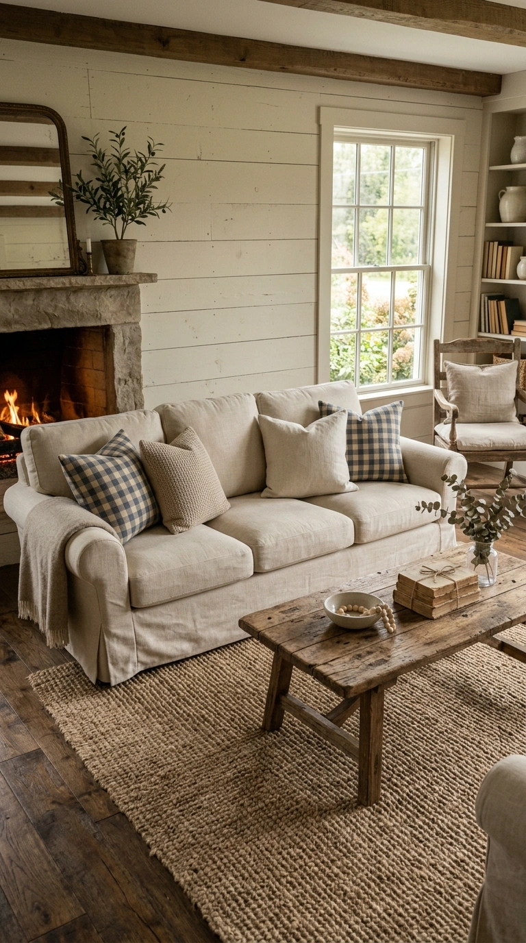 013 Neutral Linen Sofa A farmhouse living room with a