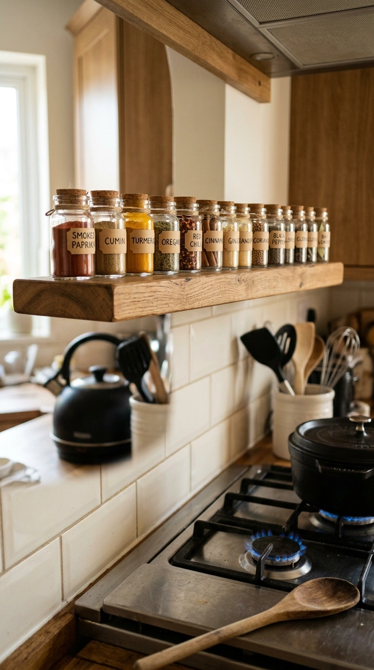 16 Gorgeous Fall Kitchen Ideas for a Warm and Cozy Home 14 013 Open Spice Shelf A wood floating shelf near a stov