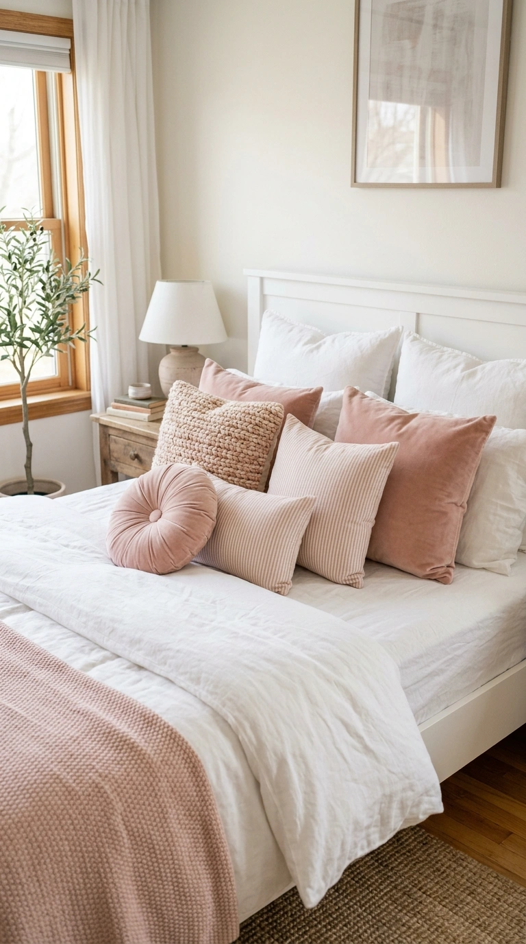 013 Pink Throw Pillows A white bed styled with a mix o