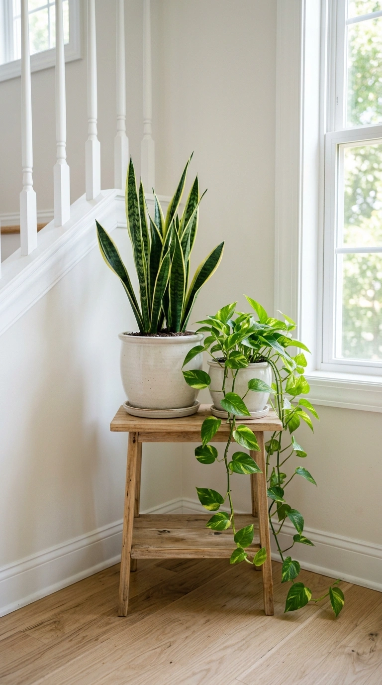 19 Stair Landing Decor Ideas to Make the Most of Your Space 14 013 Potted Plant Cluster A stair landing corner near a