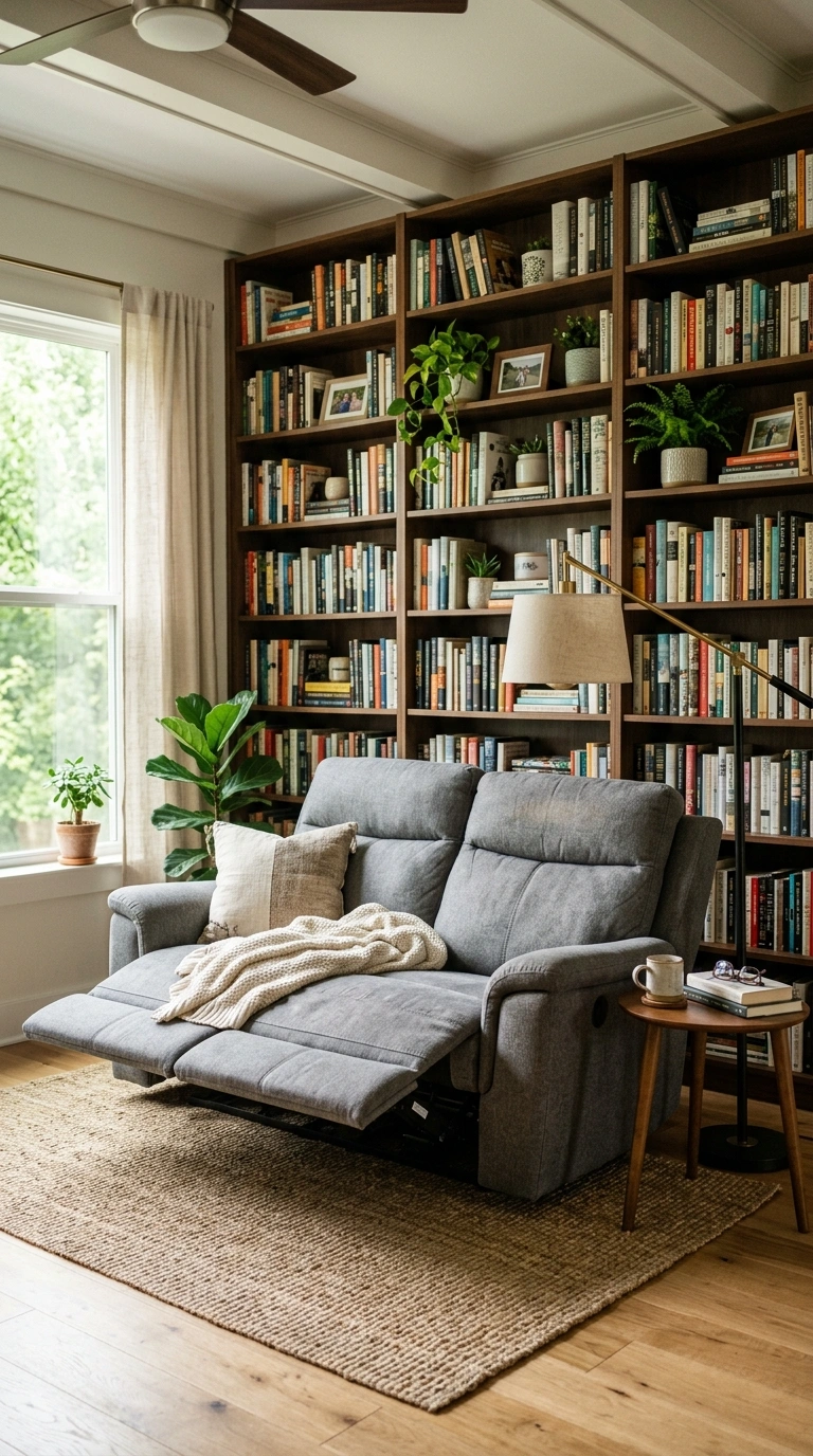 013 Reclining Sofa Bookshelf Wall A living room with a