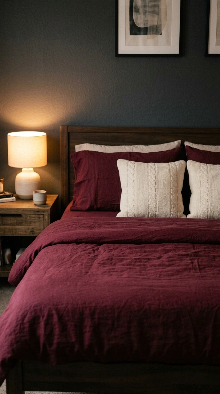 013 Rich Burgundy Bedding A neatly made bed dressed in