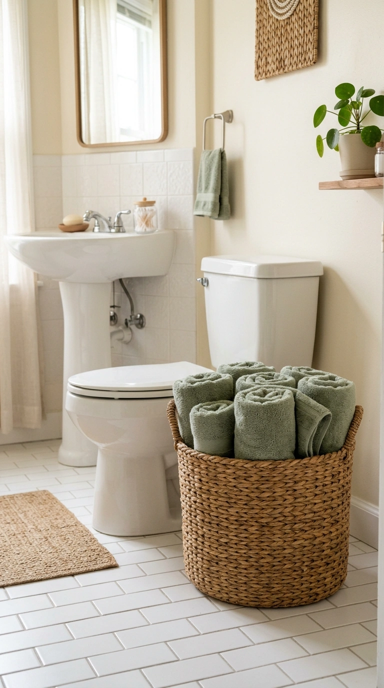 013 Rolled Towel Basket A bathroom with a large woven