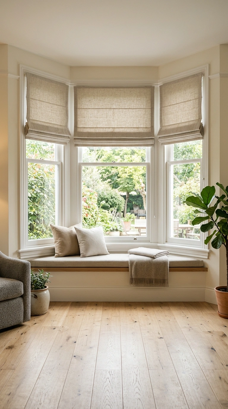 013 Roman Shade Trio A bay window with three matching
