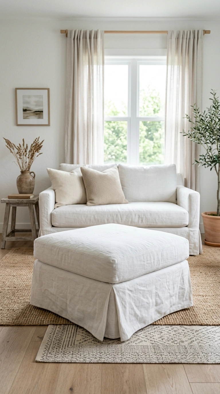 013 Skirted Slipcover Ottoman A square ottoman covered