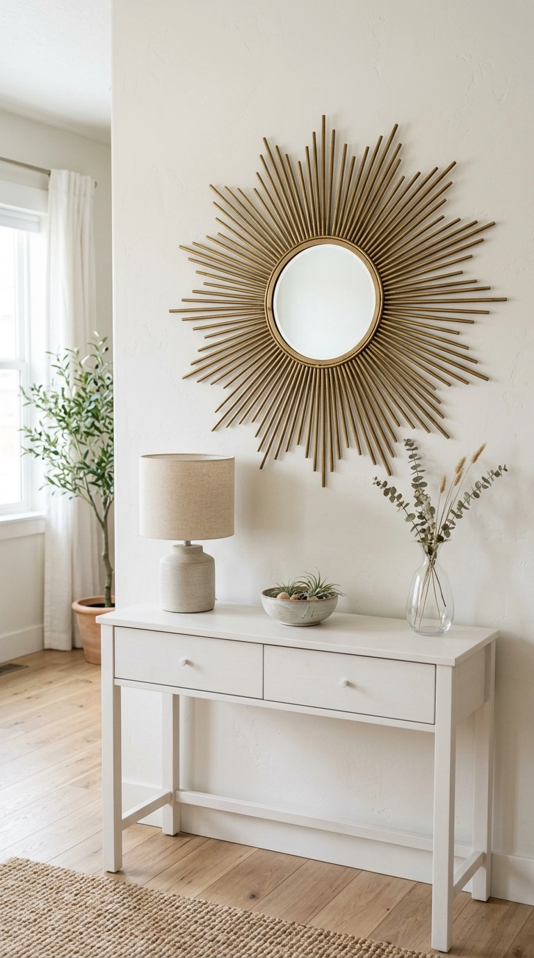 18 Jaw-Dropping Entryway Mirror Ideas You'll Love 14 013 Sunburst Statement Mirror A brass sunburst mirror