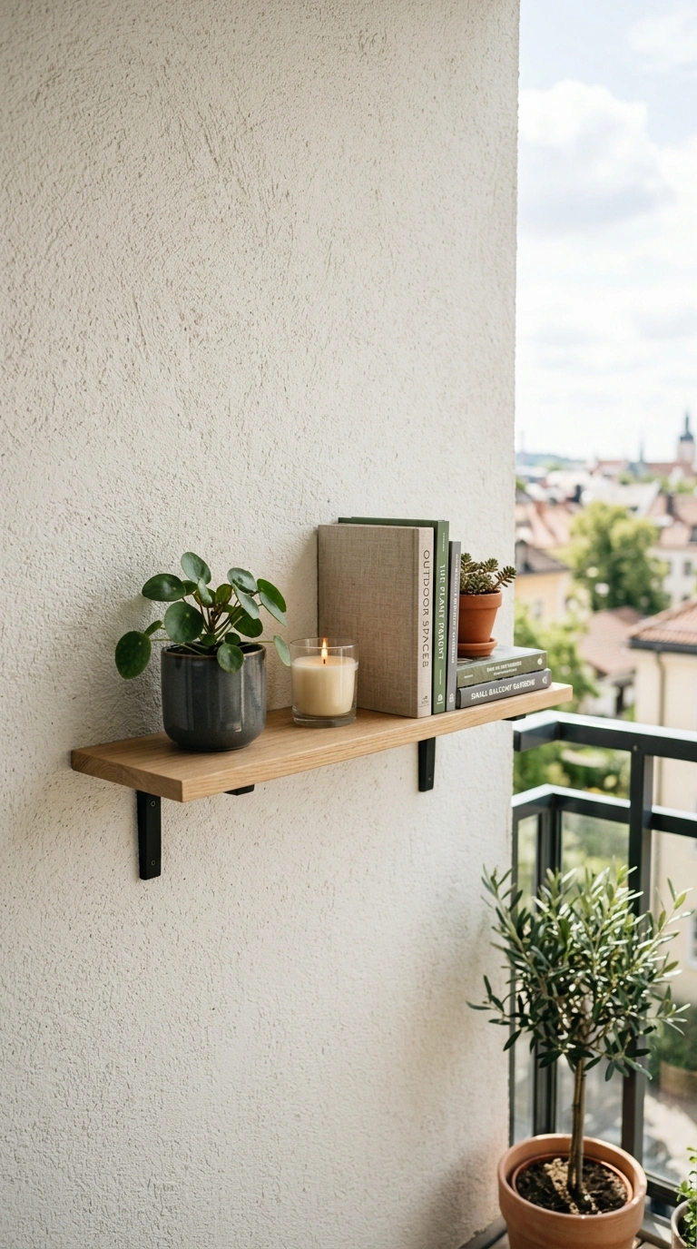 013 Wall Mounted Shelf A balcony wall with a slim wood