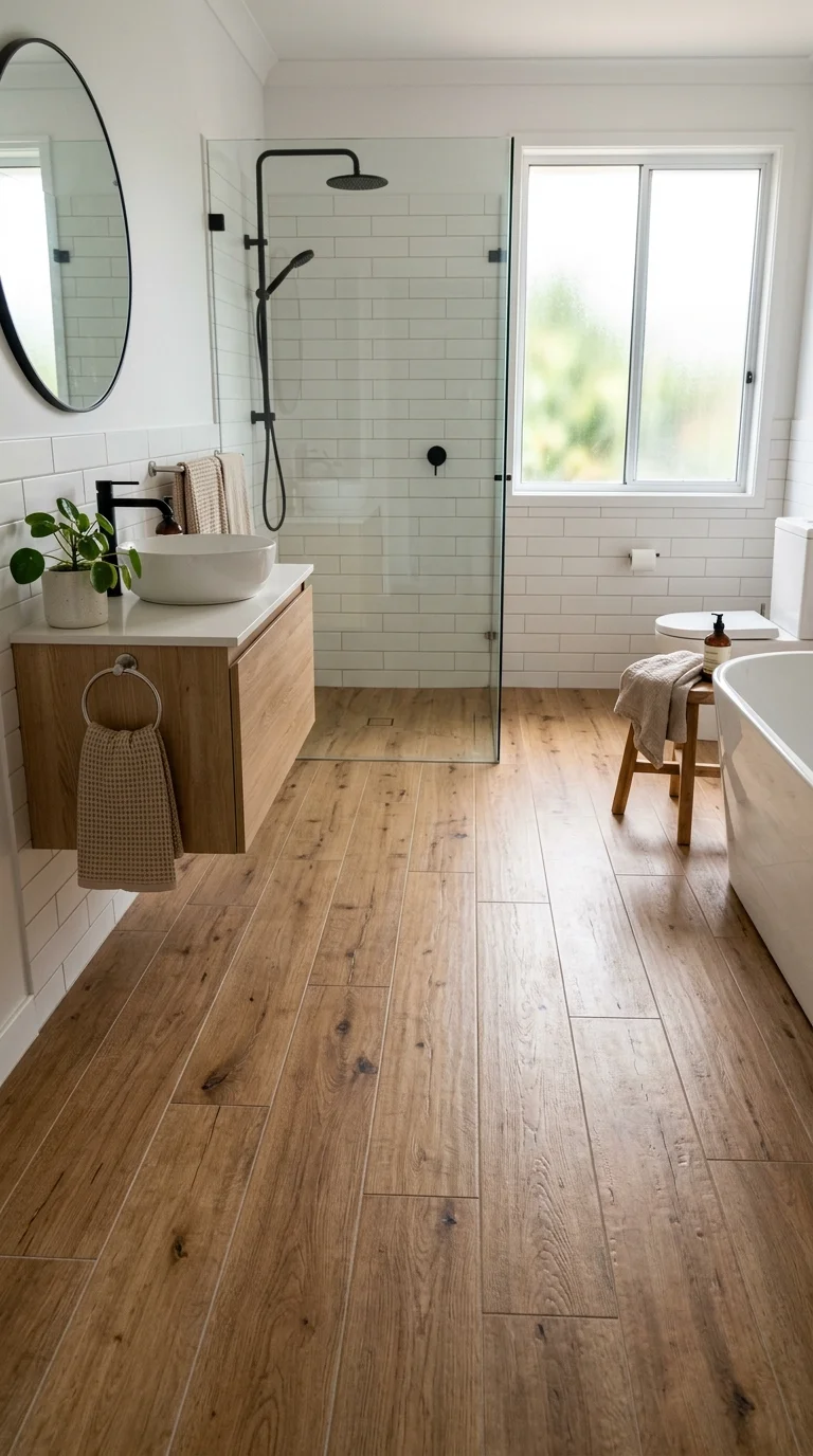 19 Bathroom Remodel Ideas to Refresh Your Space 14 013 Wood Look Tile A bathroom floor covered in warm oa