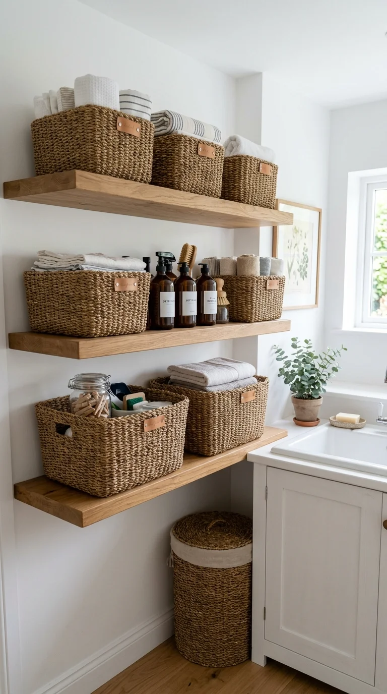 013 Woven Basket Shelves Open wooden shelves in a smal