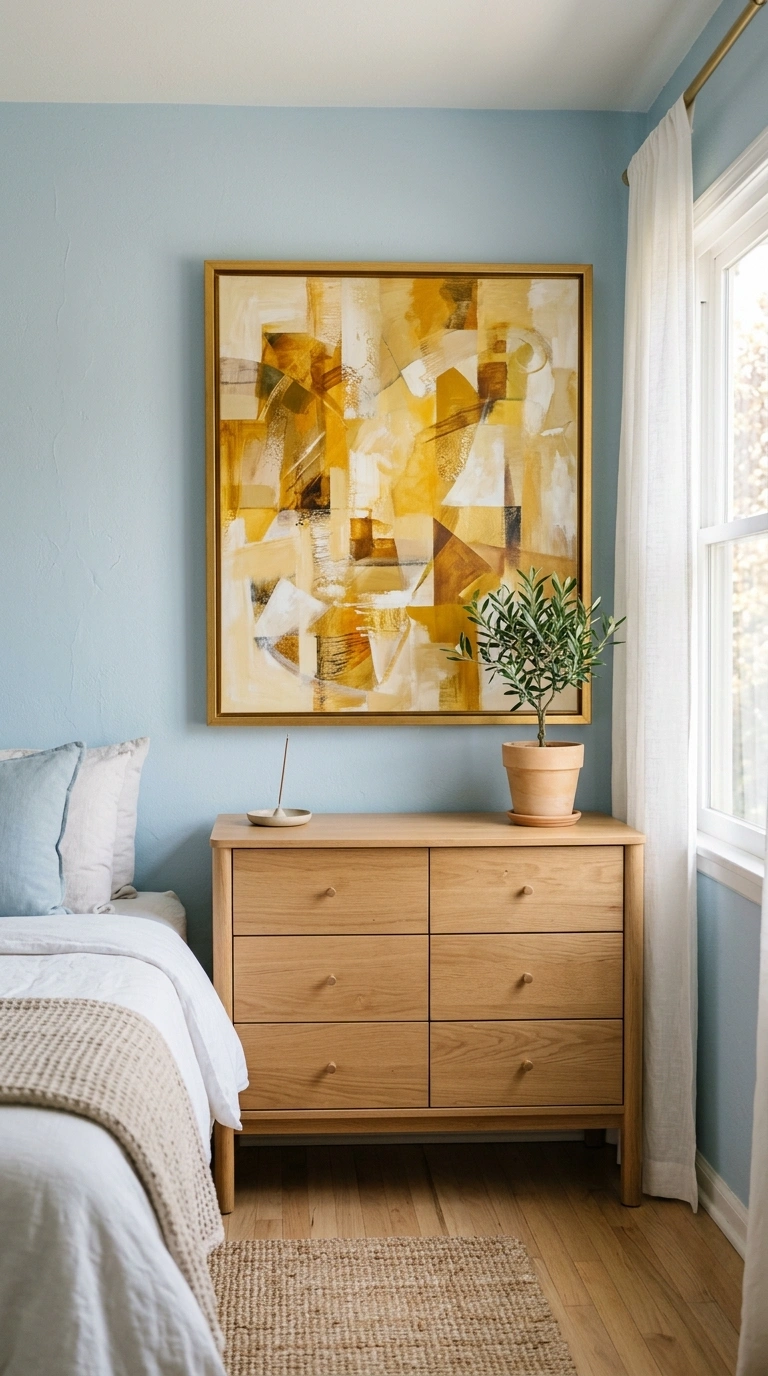 013 Yellow Wall Art A bedroom with pale blue walls a l