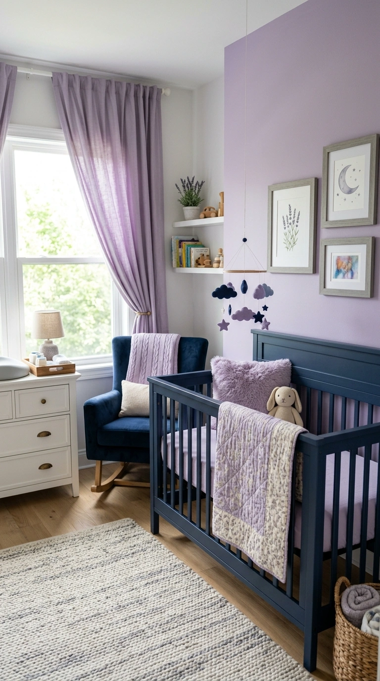 21 Colors That Pair Perfectly With Navy Blue 15 014 14 Navy And Lavender A nursery with a navy blue cr