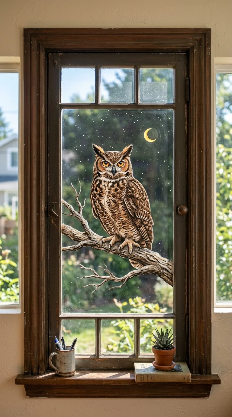 22 Halloween Window Painting Ideas to Make Your Home Stand Out 15 014 14Owl on Branch A home office window painted with