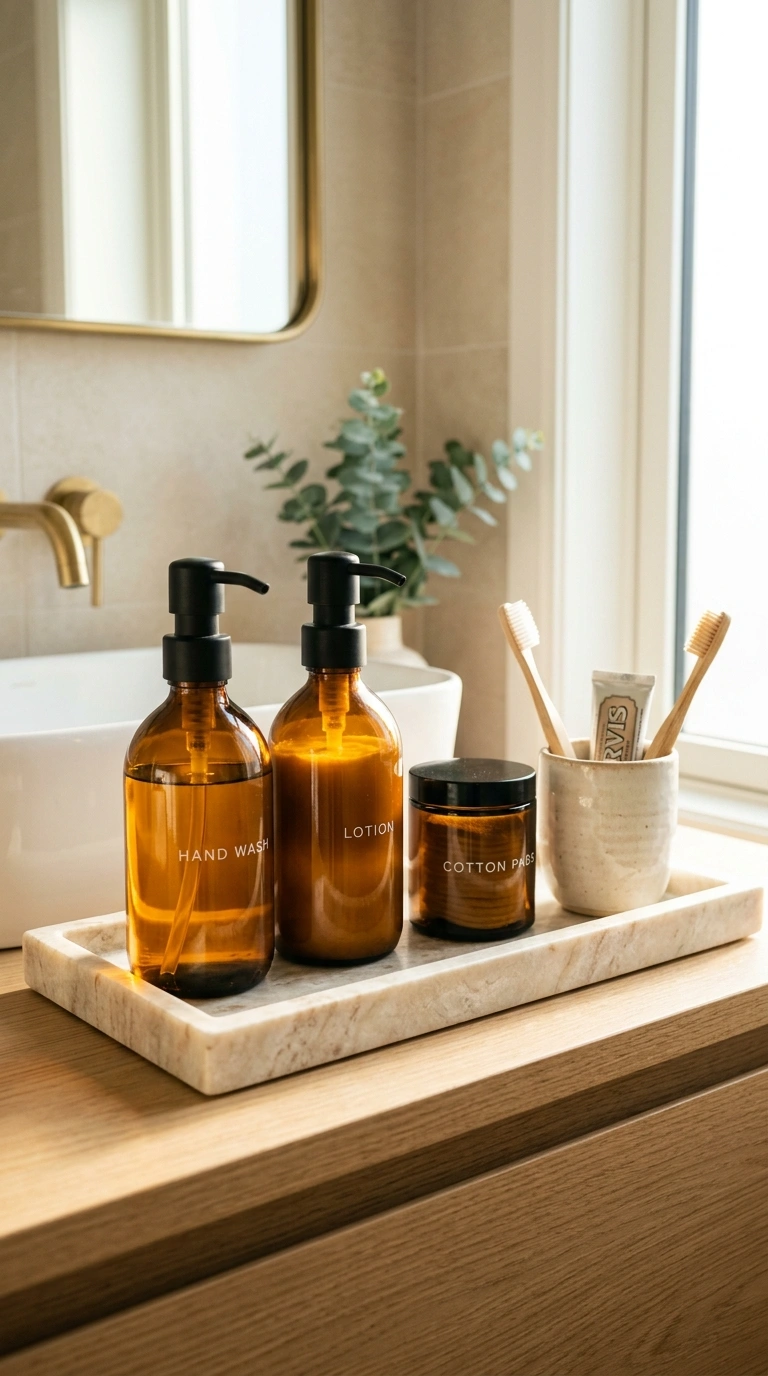 014 Amber Glass Bottles A cream marble tray on a bathr