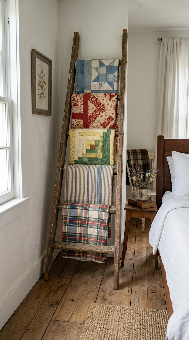 014 Antique Ladder Display A farmhouse bedroom corner