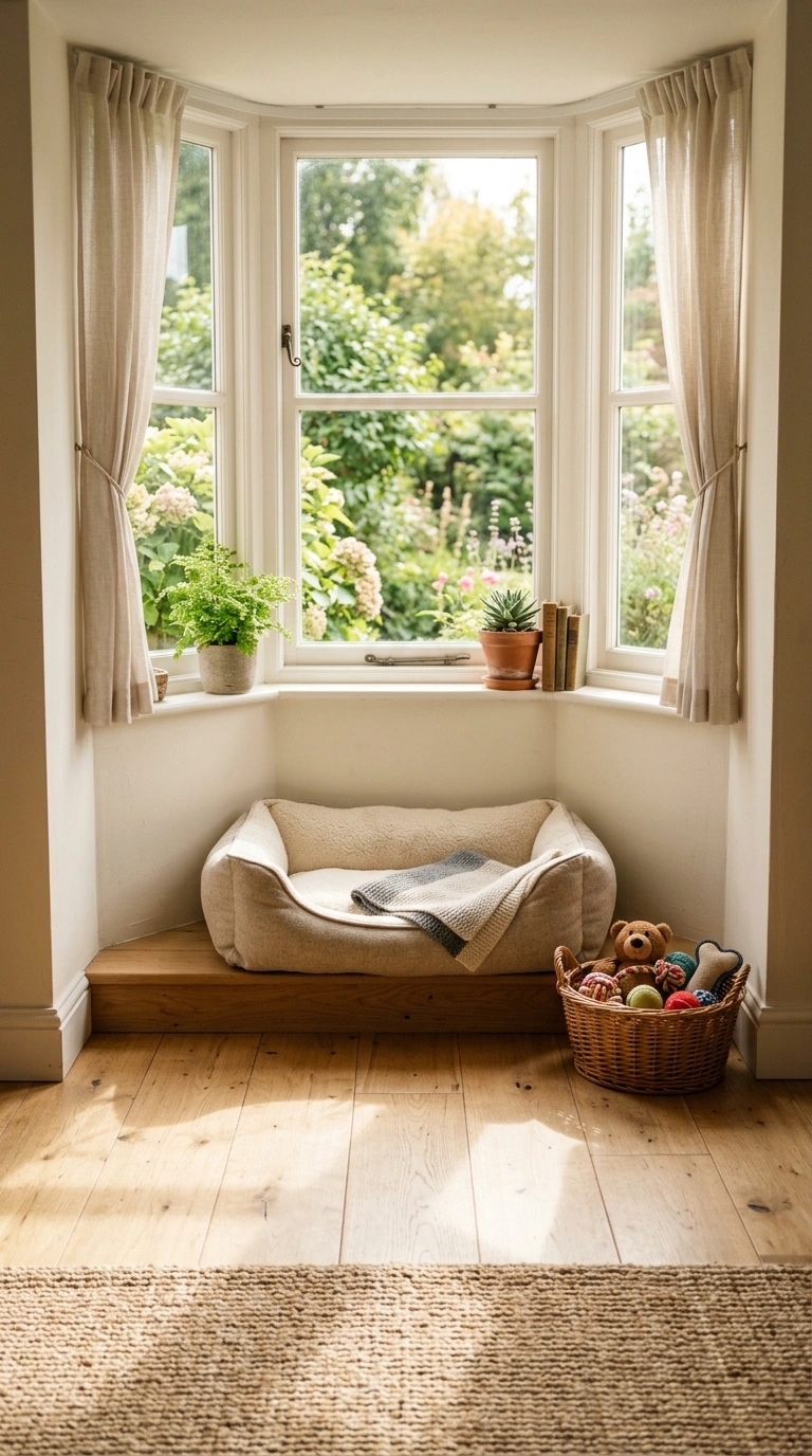 014 Bay Window Pet Bed A sunny bay window alcove with