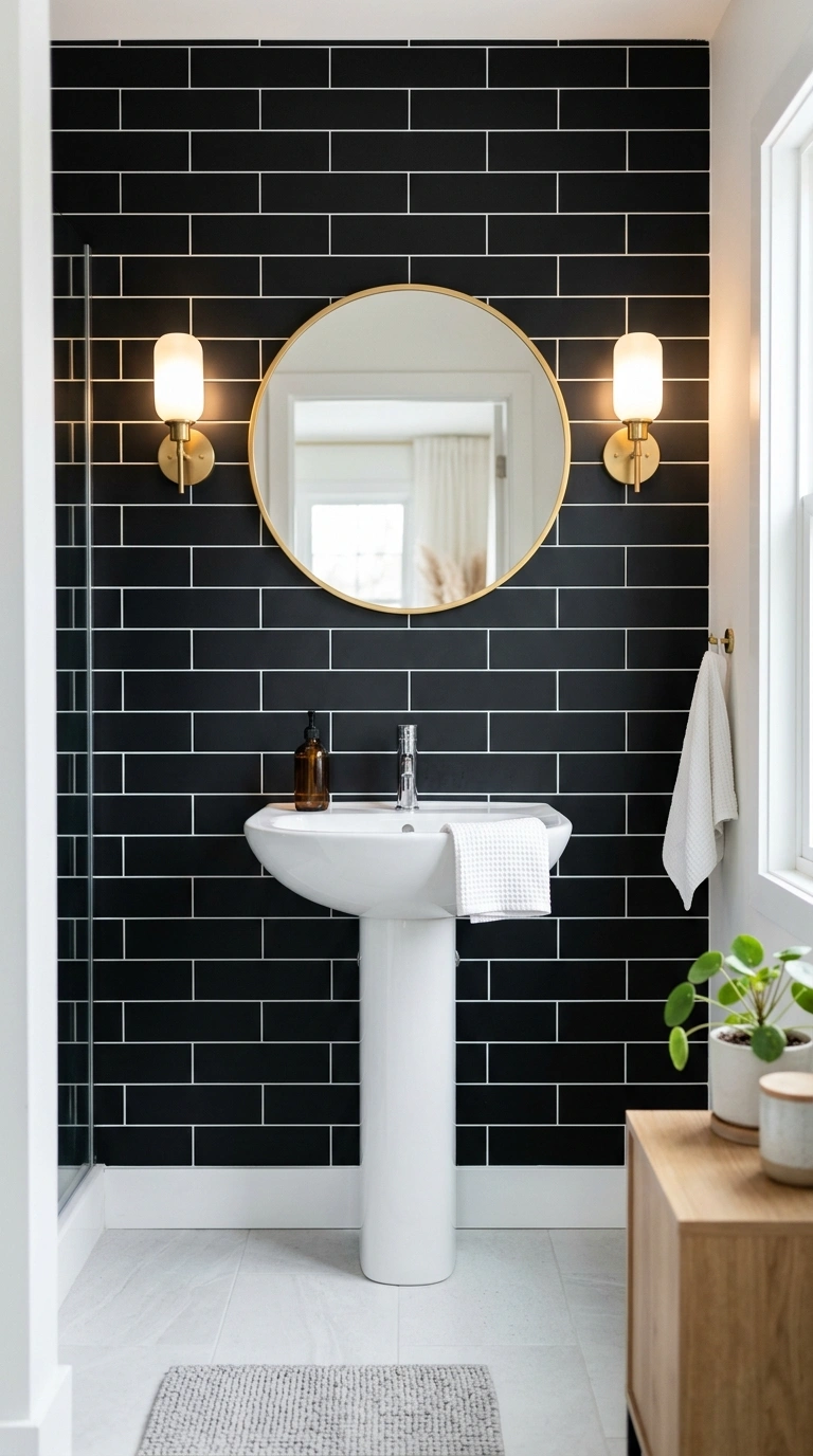 24 Bathroom Backsplash Ideas For Every Budget And Style 15 014 Black Matte Tile A white pedestal sink in front of