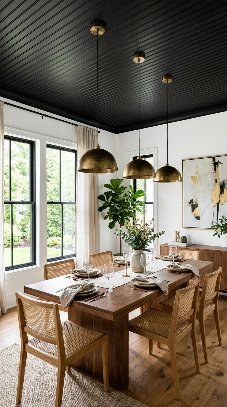 014 Bold Black Ceiling A dining room with a matte blac