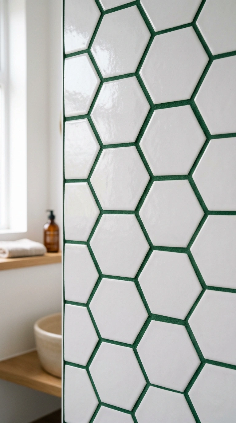 014 Colorful Grout Lines A close up of white hexagon b
