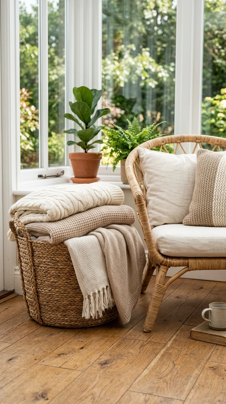 18 Sunroom Ideas for a Bright and Cozy Retreat 15 014 Cozy Blanket Basket A large woven basket beside a