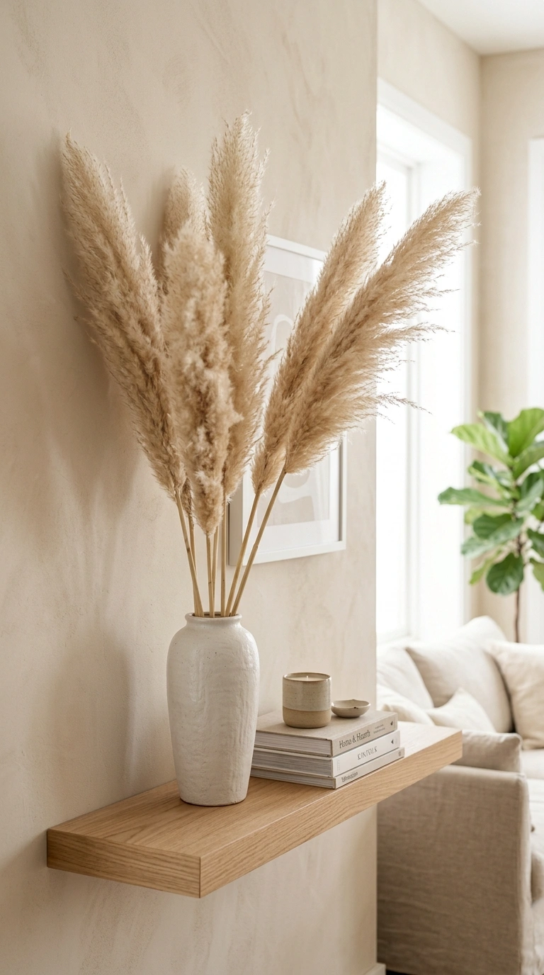 19 Trendy Fall Shelf Decor Ideas for Any Room 15 014 Dried Pampas Grass A tall vase holding several ste
