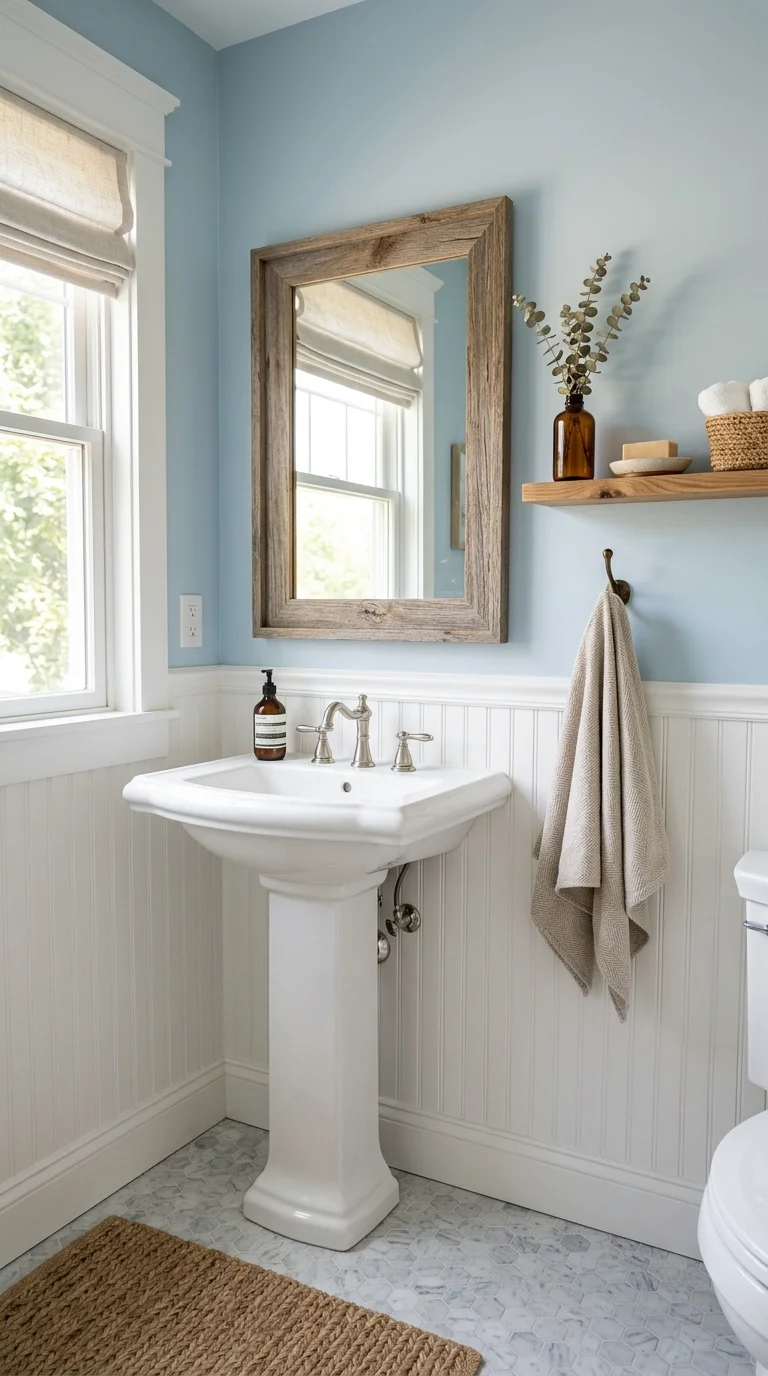 014 Farmhouse Beadboard A powder room with white beadb