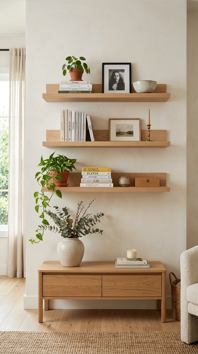 19 Easy Wall Ideas To Make Any Room Look New 15 014 Floating Shelf Wall A living room wall with three