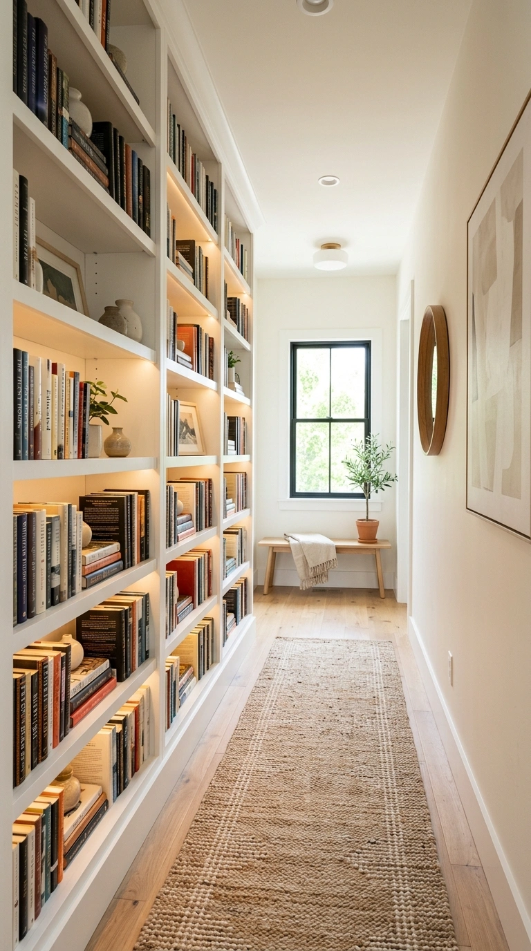 21 Small Home Library Ideas for Book Lovers 15 014 Hallway Book Shelves A bright hallway with narrow