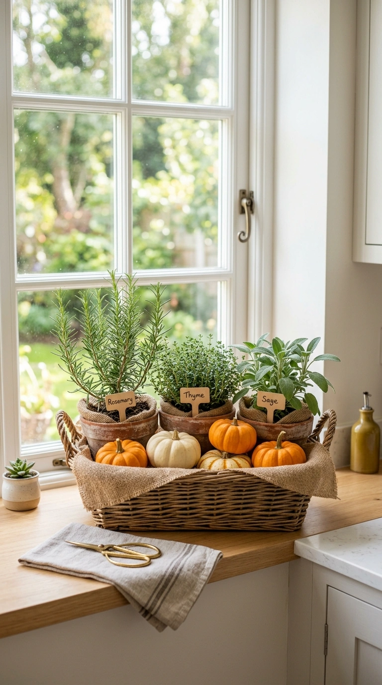 16 Beautiful Fall Basket Ideas to Add Seasonal Charm 15 014 Herb Garden Basket A kitchen windowsill with a lin