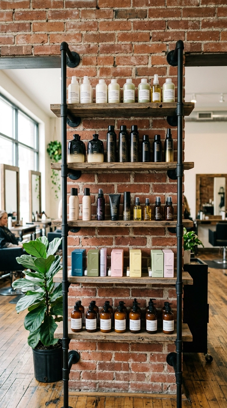 22 Stunning Beauty Salon Interior Design Ideas on a Budget 15 014 Industrial Pipe Shelving A salon retail wall with