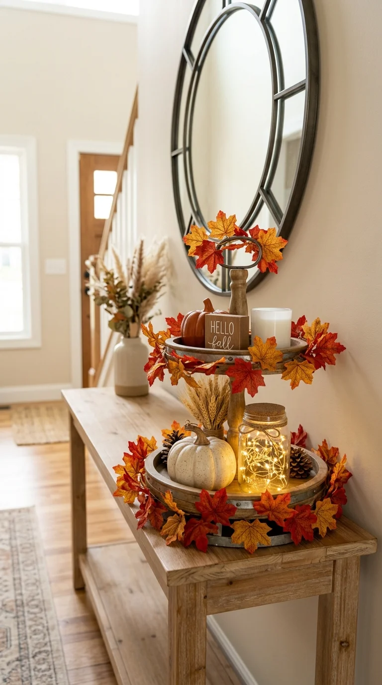 014 Leaf Garland Tray A tiered tray on a hall table wi