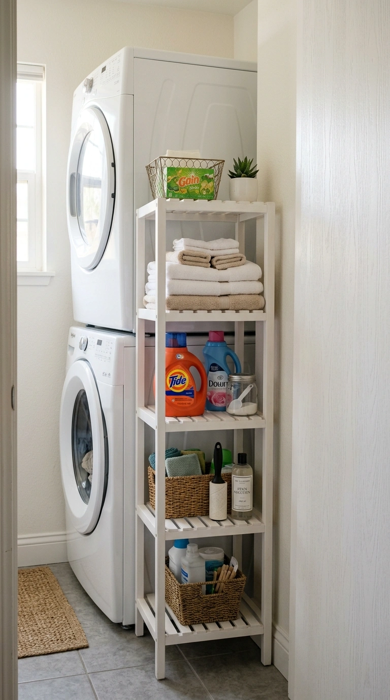 18 Inspiring Super Small Laundry Room Ideas for Apartment Renters 15 014 Mini Shelf Unit A small white freestanding shelf u