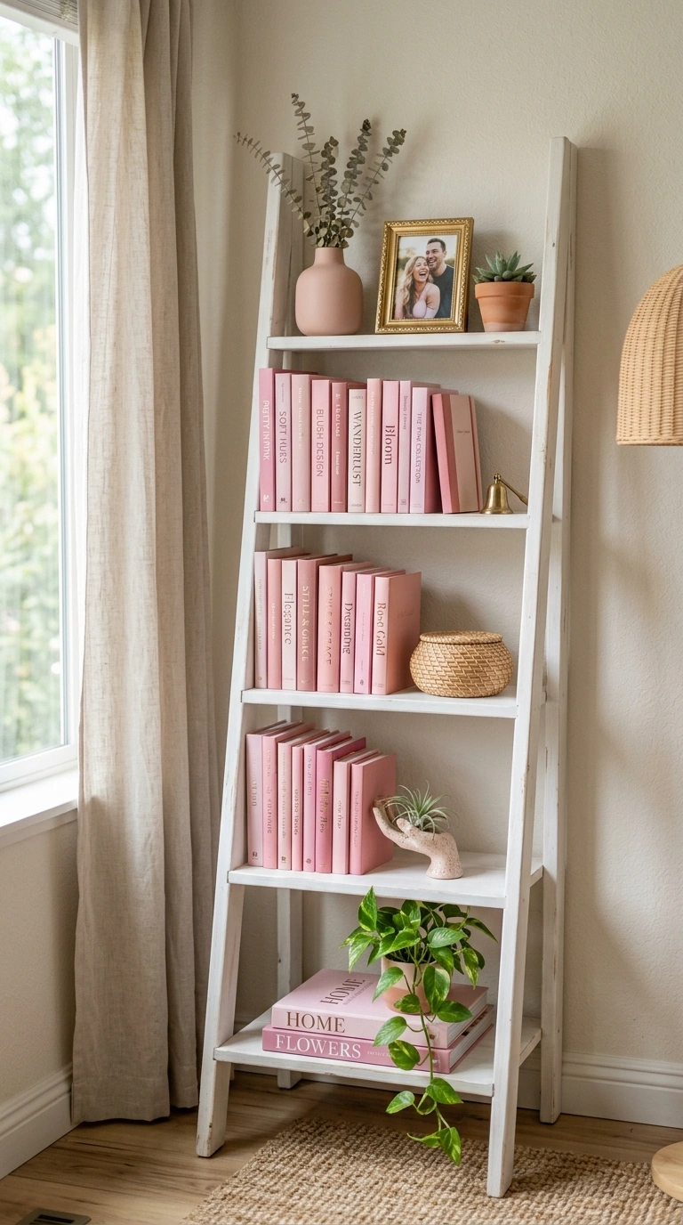 014 Pink Bookshelf Styling A white ladder bookshelf st