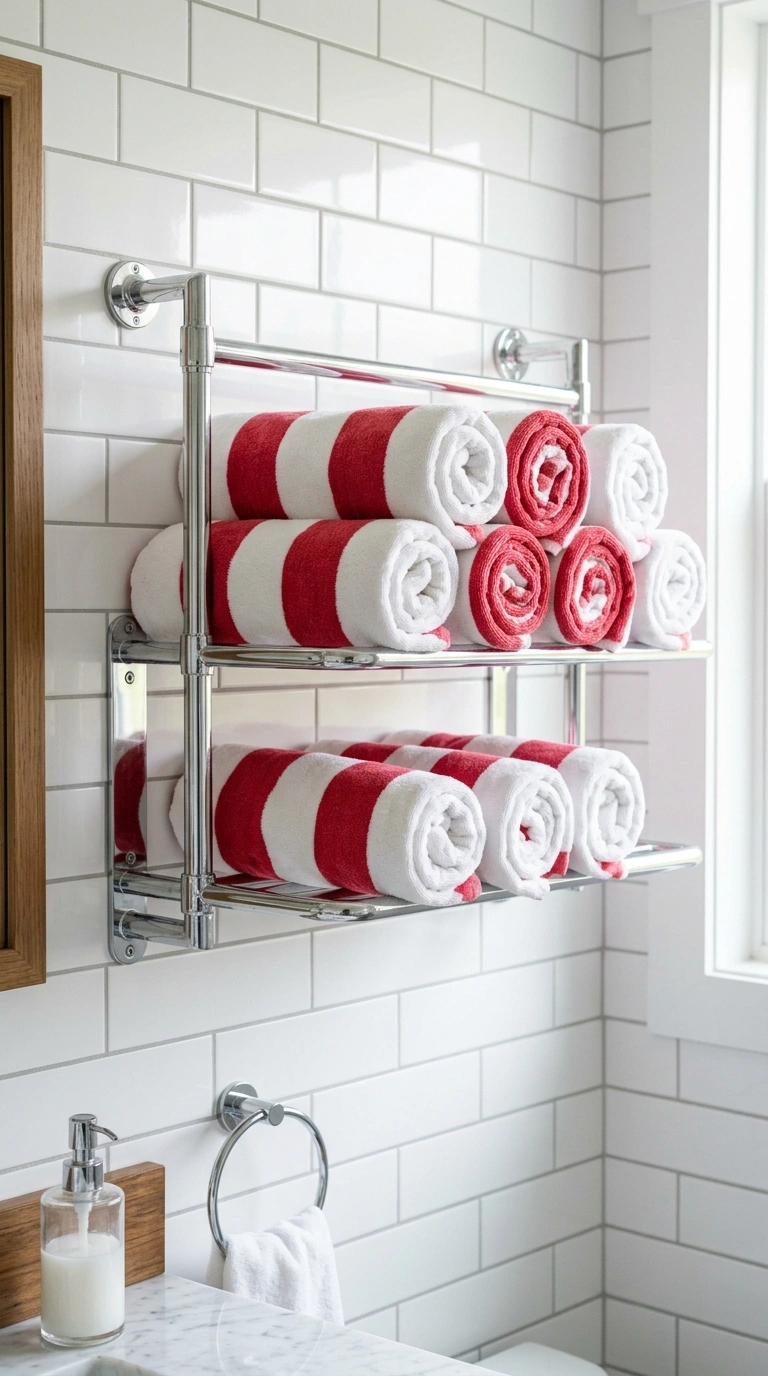 21 Bathroom Wall Decor Ideas for Black, Red & Chrome Themes + Smart Shower Storage 15 014 Red Striped Towels A chrome shelf in a bathroom ho