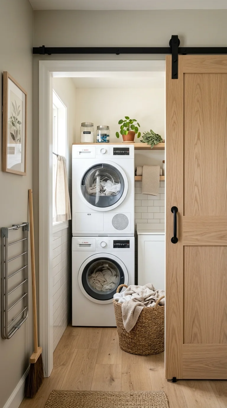 014 Sliding Door Saver A small laundry room with a lig
